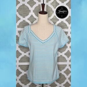 Talbots Teal & White V Neck Striped Short Sleeve Sweater Size Large